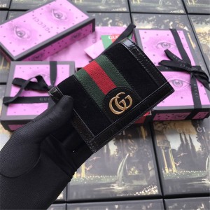 Gucci/古奇官网女士短款钱包新款Ophidia系列麂皮卡包523155