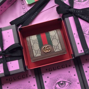 Gucci/古奇官网女士短款钱包Ophidia系列PVC拼皮GG卡包523155