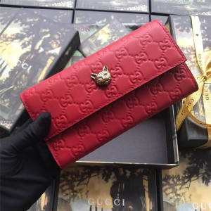 Gucci/古奇中文官网女士长款钱包Signature系列猫头图案翻盖钱夹548055