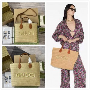 gucci香港官网古驰 779671/779666 Lido系列草编织托特包