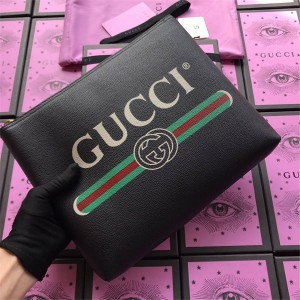 gucci美国官网古奇全皮标识印花皮革中号手拿包500981