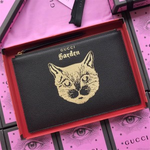 gucci中文官网古奇代购新款真皮印花猫头手拿包516928