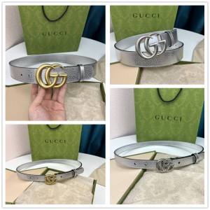 GUCCI古驰皮带409417 400593 双G带扣银色皮革腰带