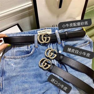 GUCCI古驰皮带古奇官网女士经典双G珍珠原厂牛皮腰带3.0cm