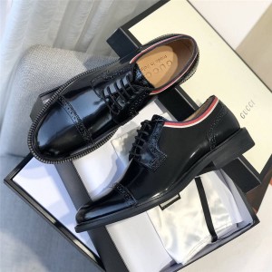 GUCCI古驰官方网站代购男士皮革条纹饰边布洛克系带鞋时尚商务皮鞋