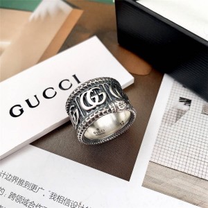 GUCCI官网古驰全球奢侈品新款复古做旧灵蛇双 G 纯银戒指指环577201